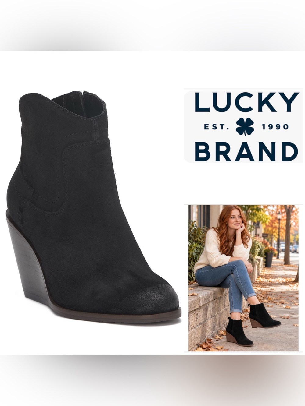 NEW $149 Lucky Brand Women 8 Black Genuine Leather Suede Wedge Ankle Zip Booties